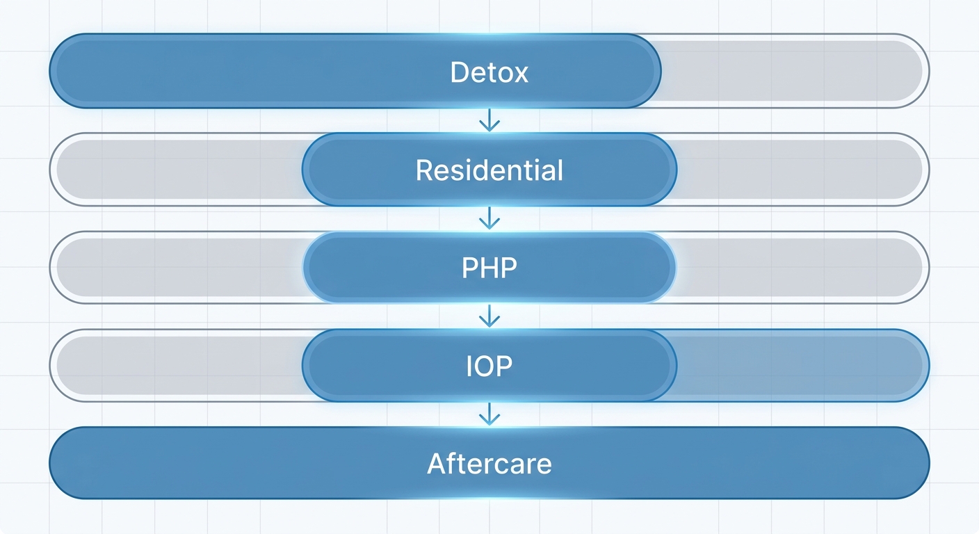 A vertical five-step process flow diagram for alcohol addiction treatment, visually connecting detox, residential, PHP, IOP, and aftercare stages.