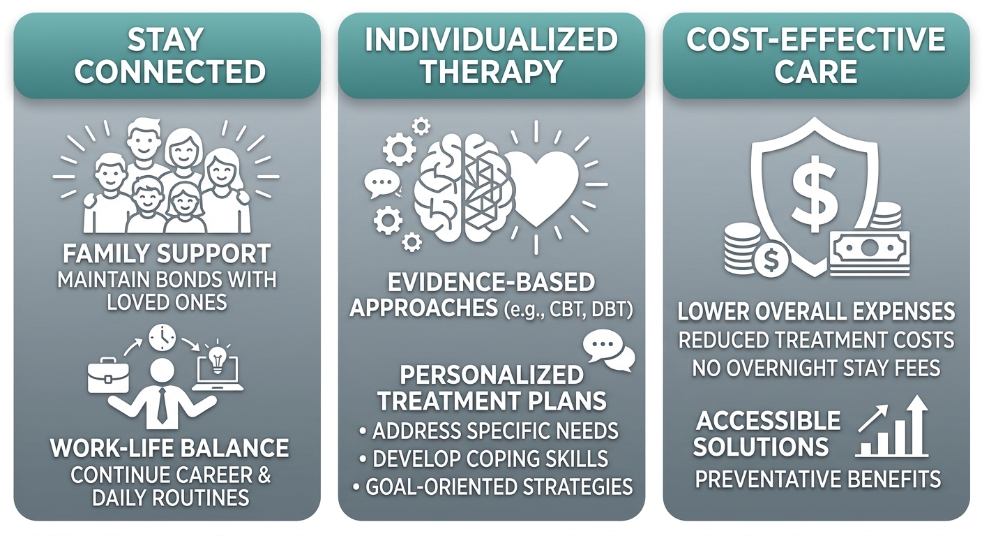 Infographic comparing three key benefits of evidence-based outpatient alcohol rehab: maintaining daily life, individualized therapy approaches, and cost-effective insurance coverage.
