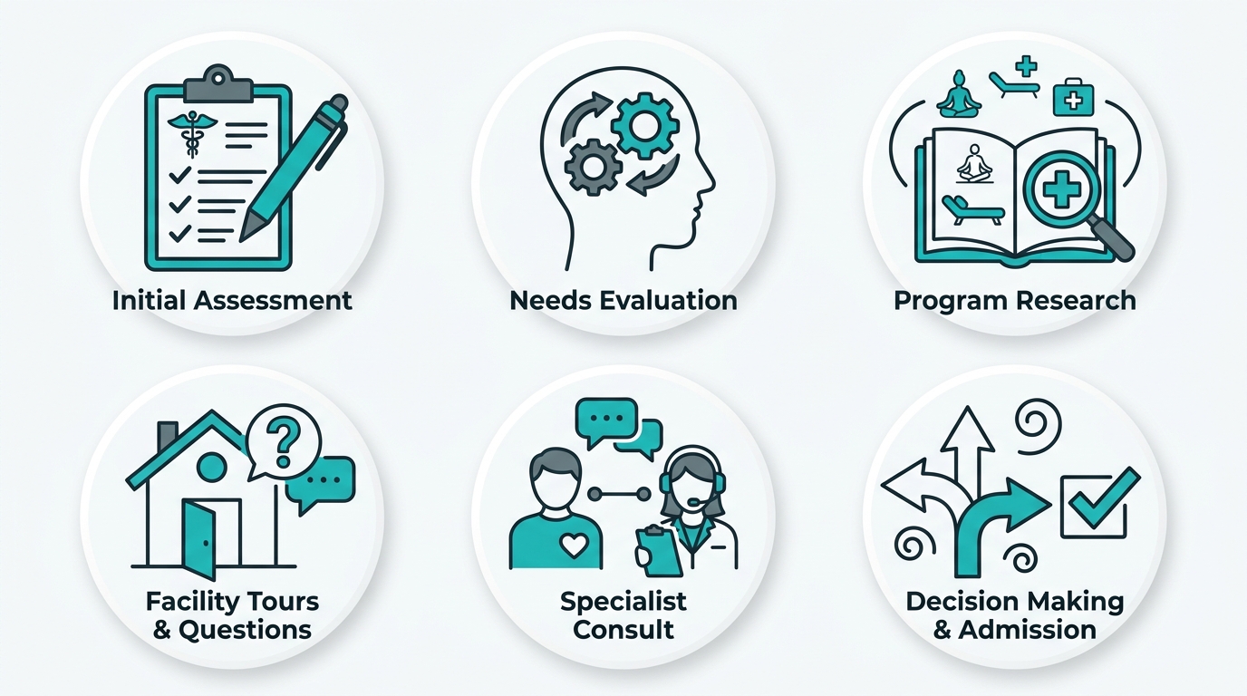 Flat style icon set showing six steps for choosing an alcohol rehab program, arranged in two rows of three icons in teal on white circles with text labels in dark gray.