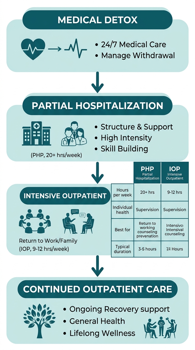 Vertical process flow diagram illustrating the continuum of alcohol recovery care, from medical detox through Partial Hospitalization and Intensive Outpatient programs to continued outpatient care, with a side-by-side comparison table of program features.