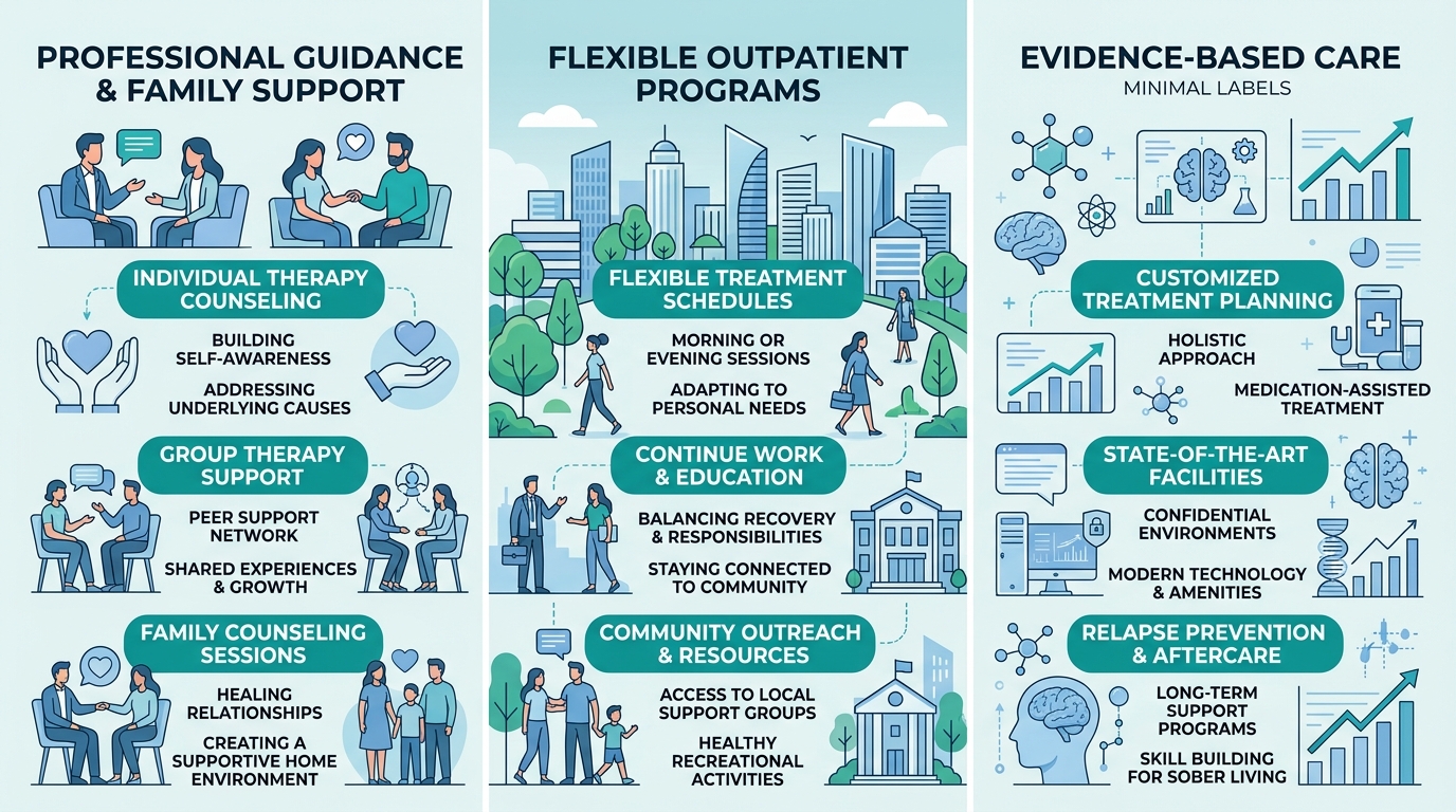 Three-column infographic comparing key benefits of drug rehab in Irvine: Professional Guidance, Flexible Outpatient Programs, and Evidence-Based Care.