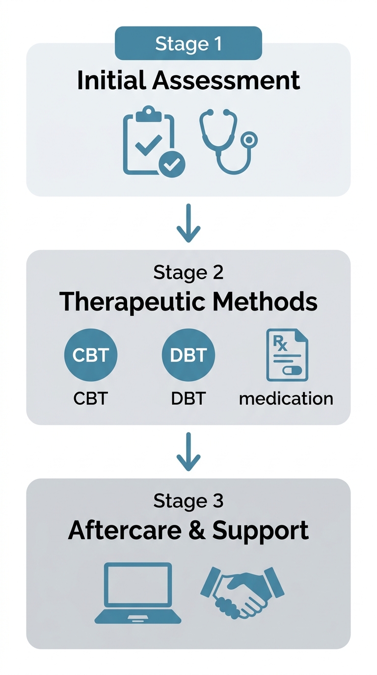 Vertical three-step process flow for drug rehab in Irvine, showing initial assessment, therapeutic methods, and aftercare and support stages connected by arrows.