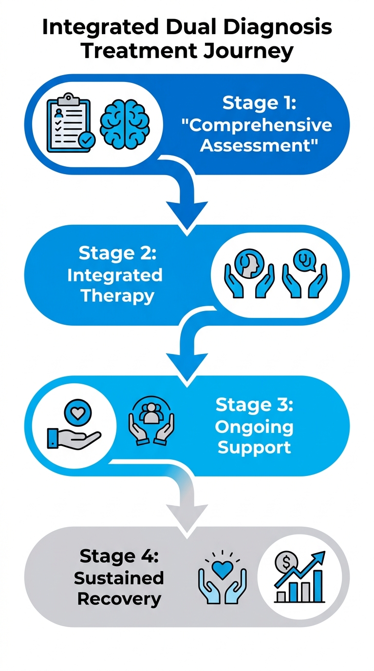 Four-step vertical process flow showing dual diagnosis treatment from comprehensive assessment through integrated therapy to ongoing support and sustained recovery