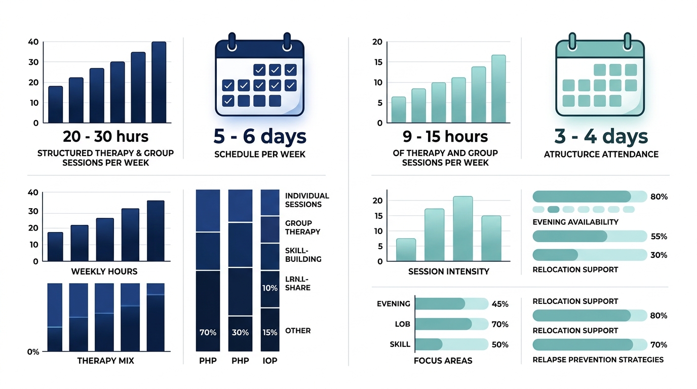 Infographic comparing PHP and IOP outpatient addiction treatment programs in Orange County