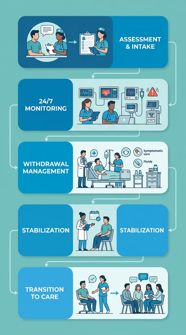Process flow diagram showing the five stages of medically supervised detoxification from assessment through transition to ongoing care.