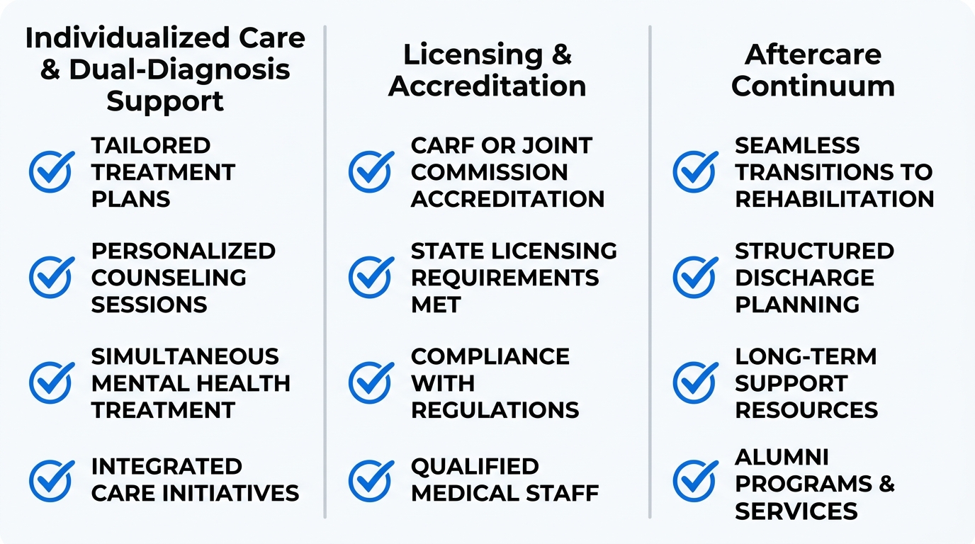 Three-column infographic comparing criteria for choosing a medical detox provider in Orange County: individualized care, licensing, and aftercare.