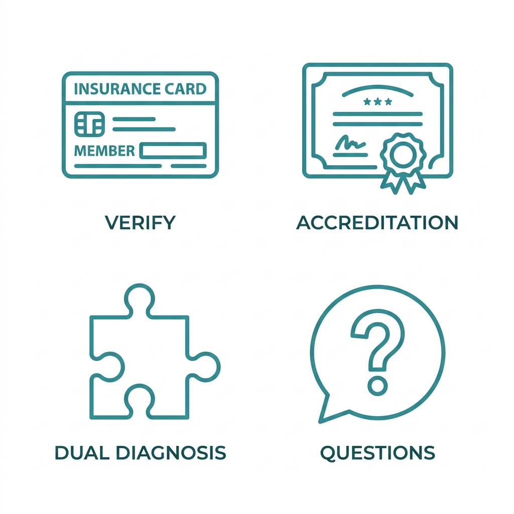Icon grid depicting four criteria for choosing a detox program: Verify Coverage, Check Accreditation, Dual Diagnosis Support, and Ask Questions, using calm teal outlines on a white background.