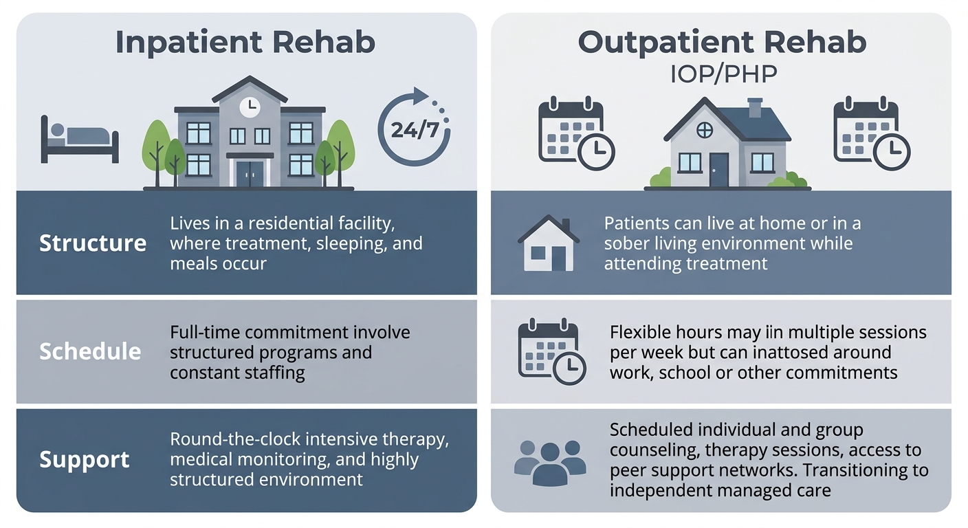 A side-by-side comparison infographic detailing the structure, schedule, and support differences between inpatient and outpatient rehab programs.