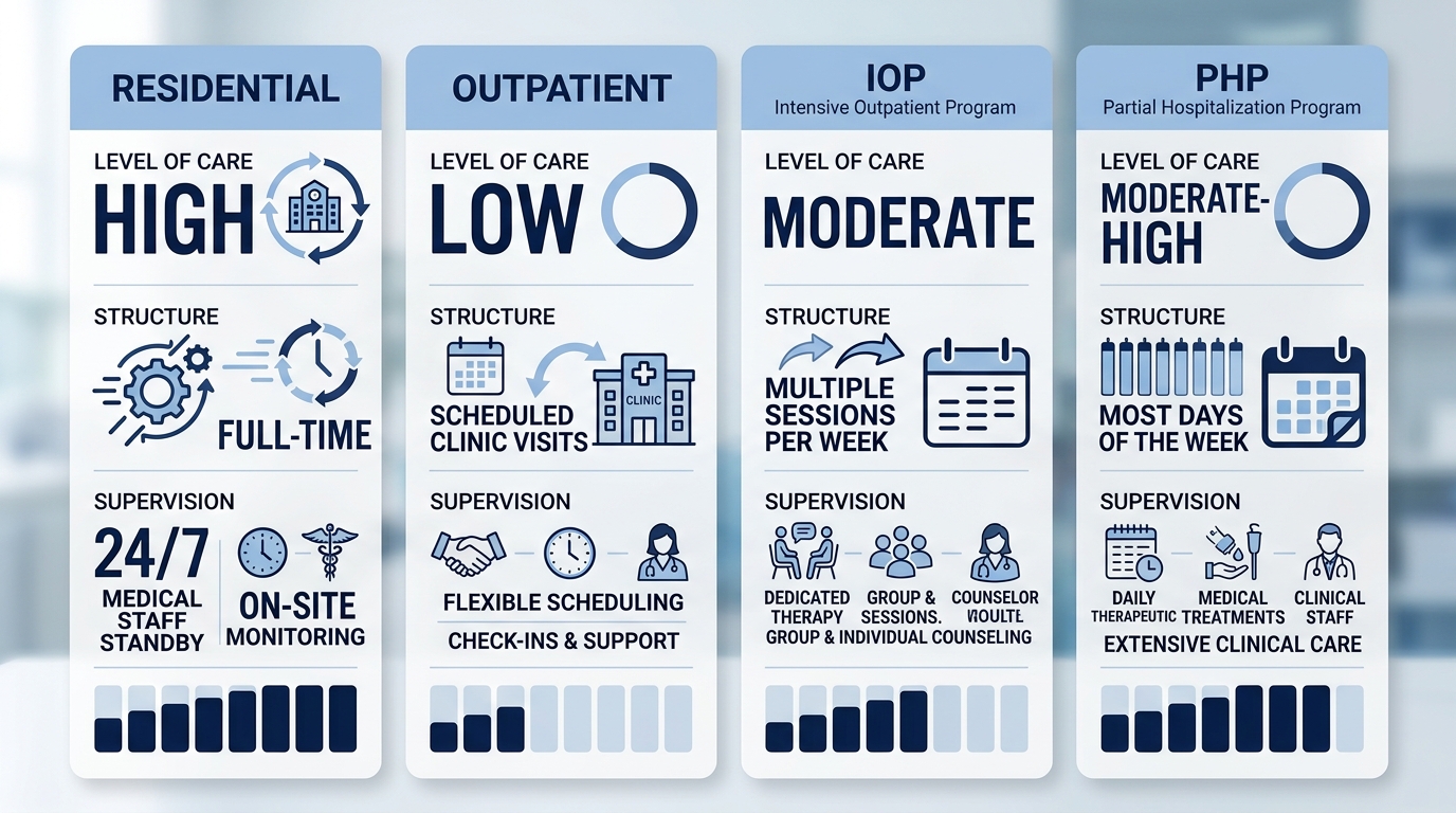 Infographic comparing four levels of detox programs: residential, outpatient, IOP, and PHP, with icons and brief supervision descriptions.