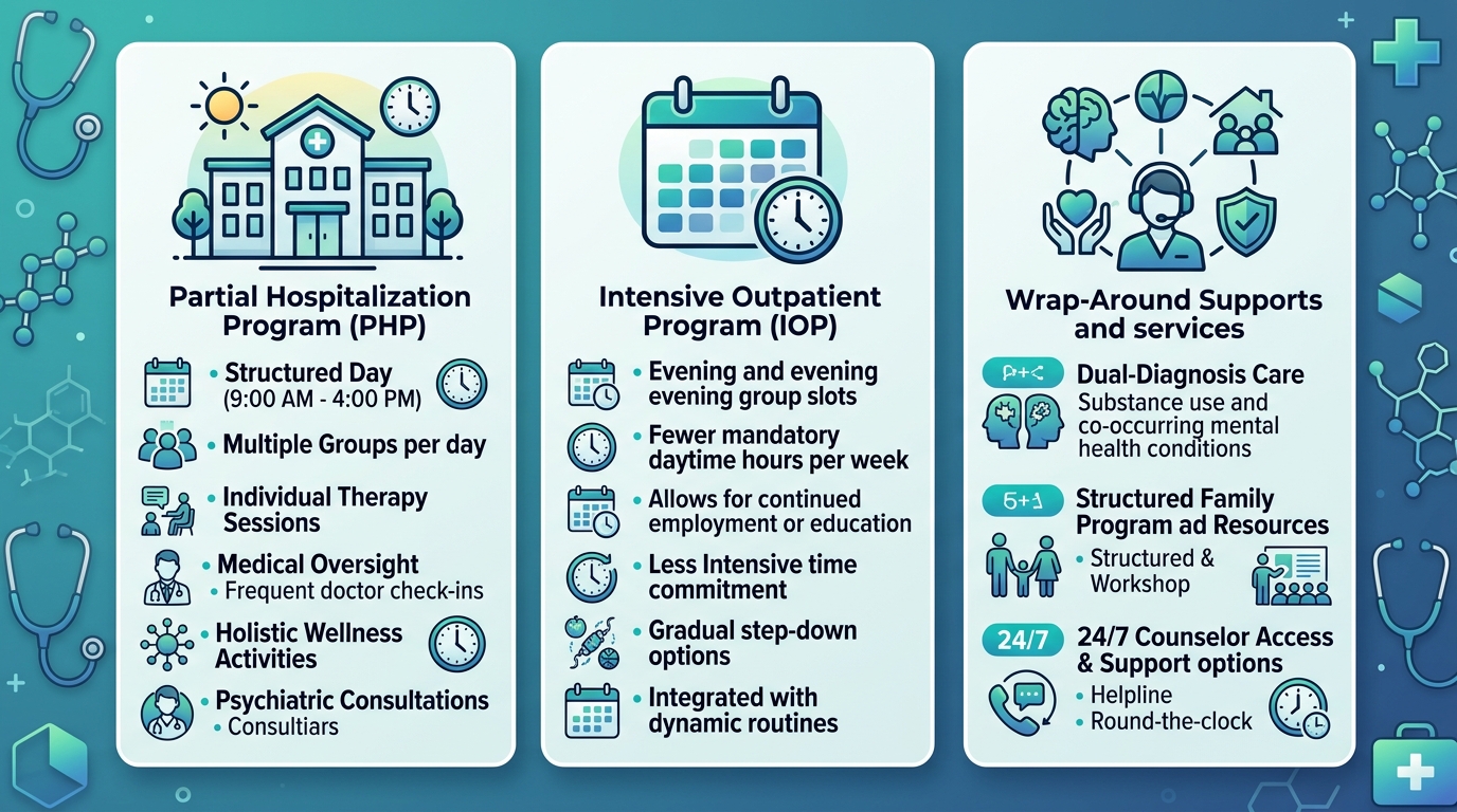 Infographic comparing three levels of drug rehabilitation care in Orange County: Partial Hospitalization Program, Intensive Outpatient Program, and wrap-around support services, using a teal and dark blue color scheme.
