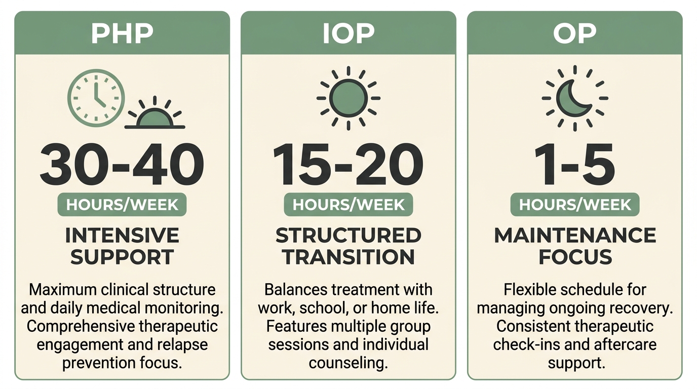 Clinical continuum of care at Rosewood Recovery: Partial Hospitalization Program, Intensive Outpatient Program, and General Outpatient Program, each column showing hours per week, typical duration, and therapeutic approach.