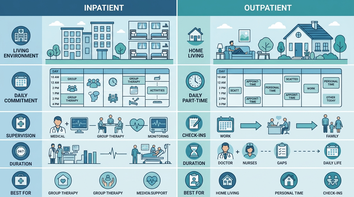 Infographic comparing inpatient and outpatient drug rehab programs in Bucks County using icons for key aspects in two columns.