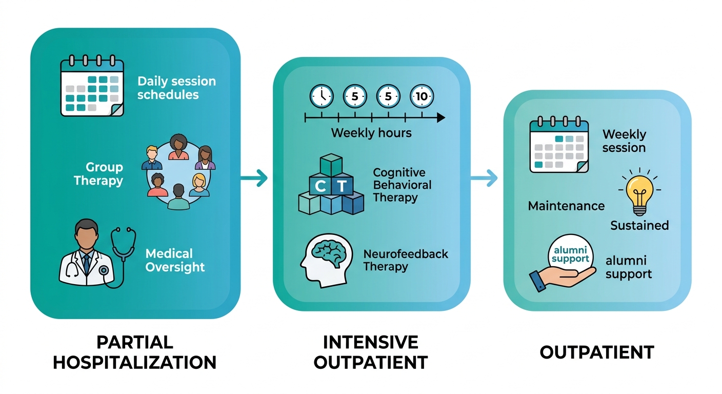 Three-level addiction treatment process flow diagram from Partial Hospitalization through Intensive Outpatient to Outpatient care, with decreasing time commitment.