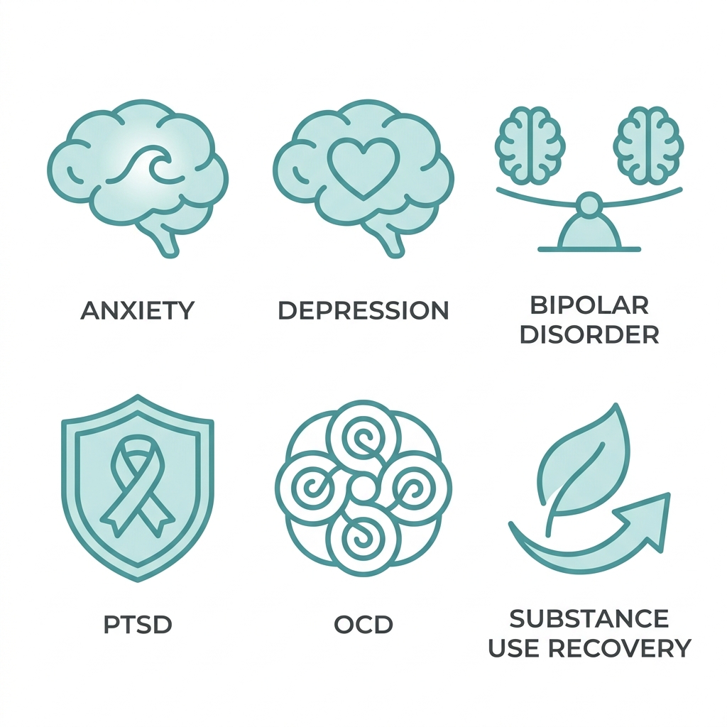 A grid of six icons representing co-occurring mental health conditions: anxiety, depression, bipolar disorder, PTSD, OCD, and substance use recovery in a clean, outline style.