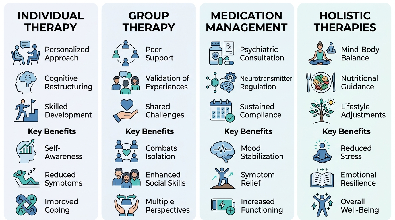 Four-column infographic comparing depression therapy approaches: individual therapy, group therapy, medication management, and holistic therapies.