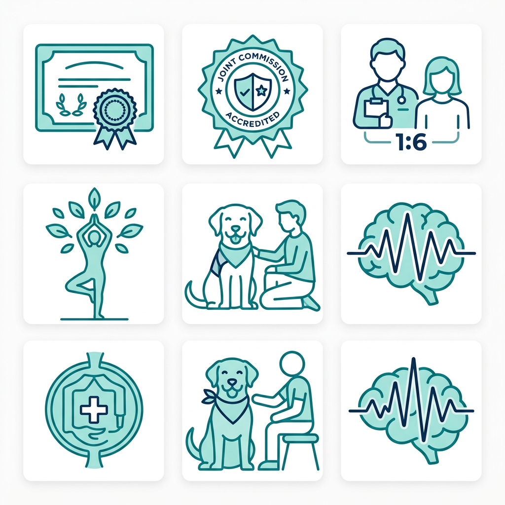 Six minimal icons representing key rehab quality criteria: licensing seal, gold-seal accreditation badge, low staff-to-patient ratio symbol, yoga silhouette, therapy dog icon, and neurofeedback brain wave.