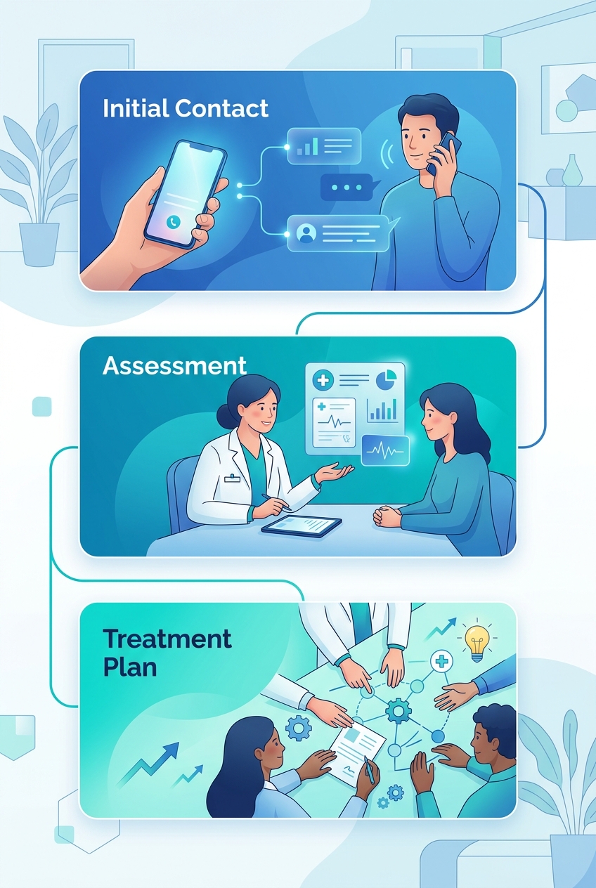 Three-step process flow for starting outpatient rehab in Bristol, showing initial contact, assessment, and treatment plan stages.