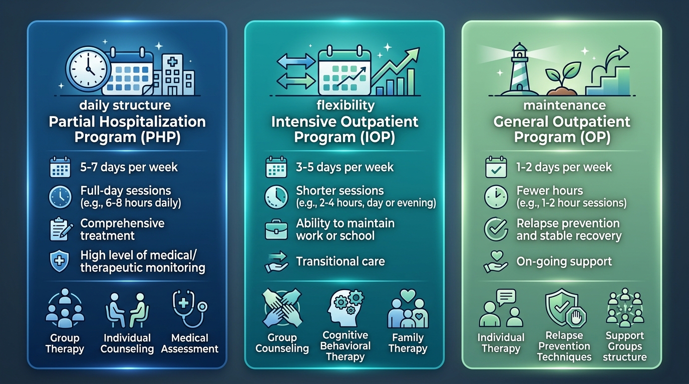 Three-column comparison infographic illustrating Partial Hospitalization Program, Intensive Outpatient Program, and General Outpatient Program levels for alcohol rehab near Bristol, Bucks County.