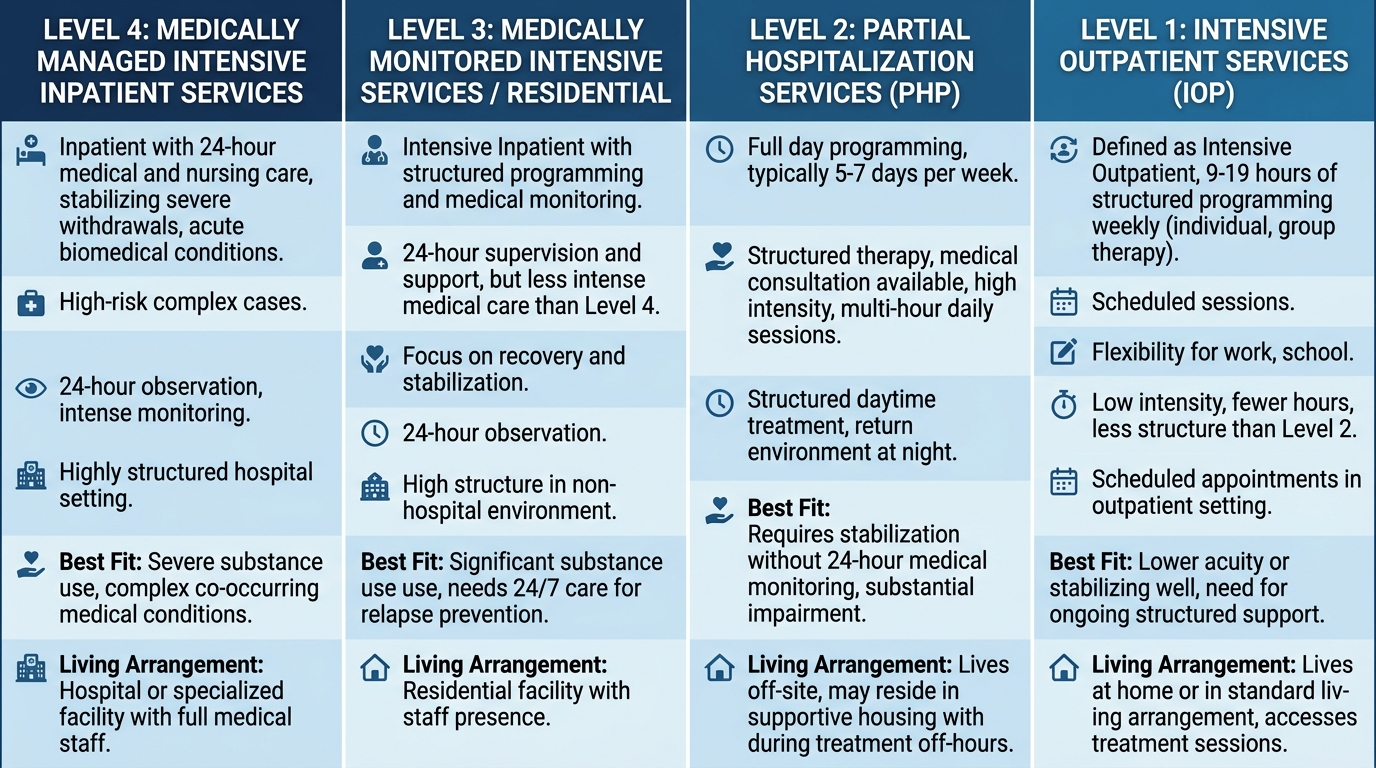 Infographic comparing four levels of substance use disorder care: inpatient, partial hospitalization, intensive outpatient, and outpatient. Shows structure, living arrangement, and best fit for each level.