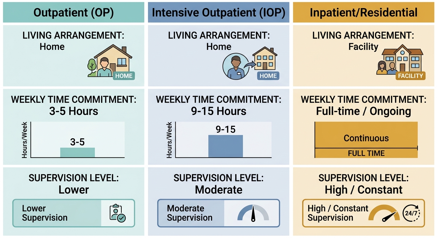 Comparison chart of Outpatient, Intensive Outpatient, and Inpatient alcohol treatment levels with living arrangement, time commitment, and supervision details.