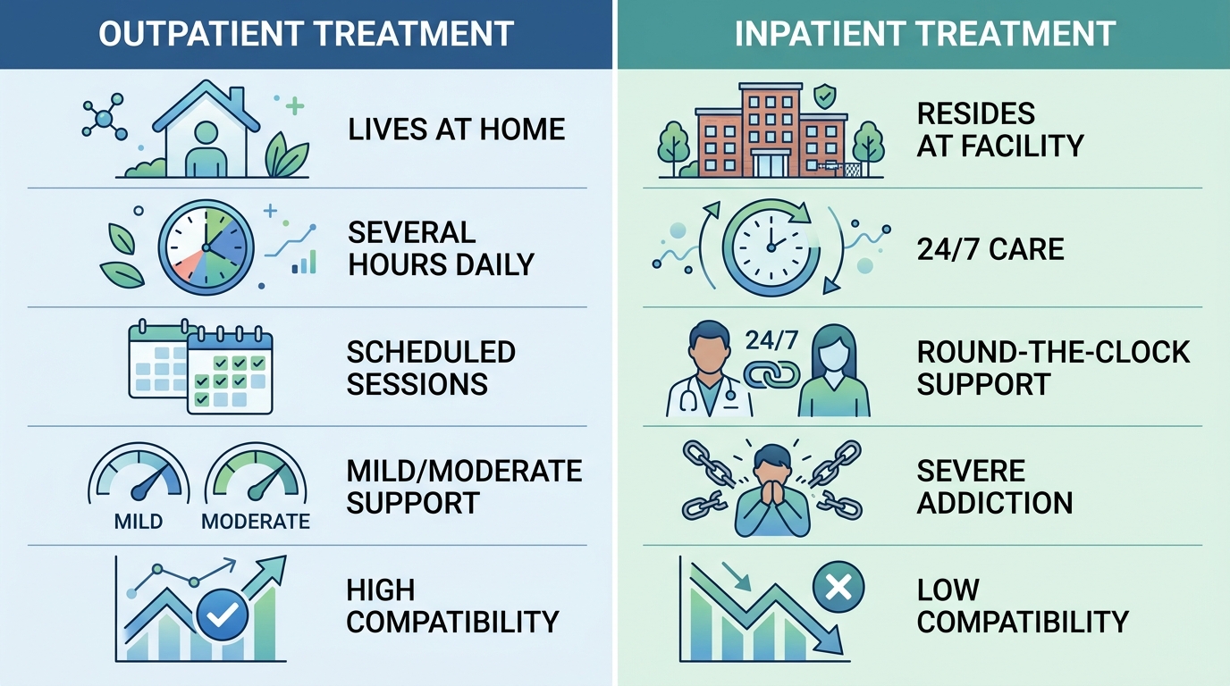 Side-by-side comparison of outpatient and inpatient addiction treatment features