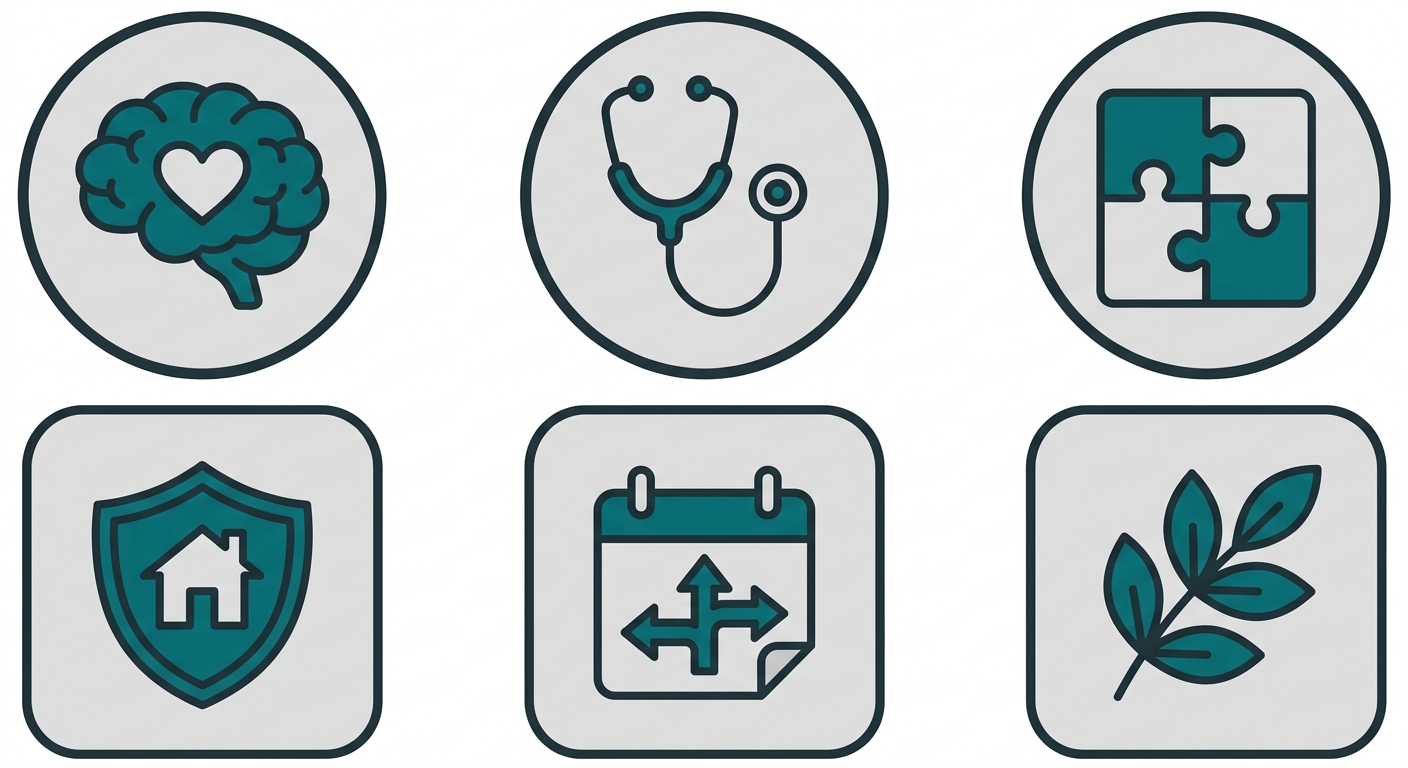 A grid of six minimalist outline icons illustrating core concepts of addiction and mental health recovery: mind-body integration, medical oversight, co-occurring conditions, safe space, flexible care, and wellness.