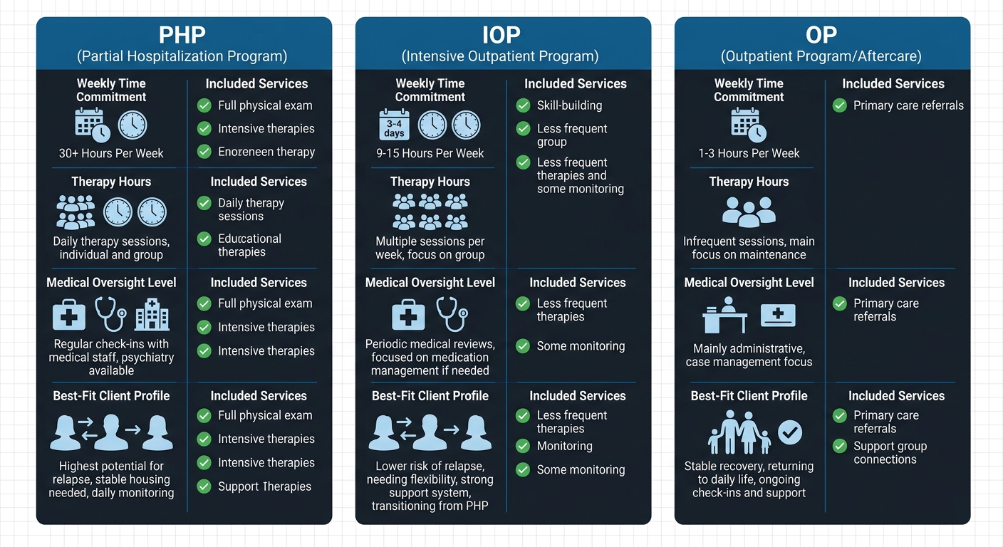 Infographic comparing three levels of outpatient alcohol rehab: Partial Hospitalization, Intensive Outpatient, and Outpatient Programs, showing time commitments, therapy hours, and medical oversight.