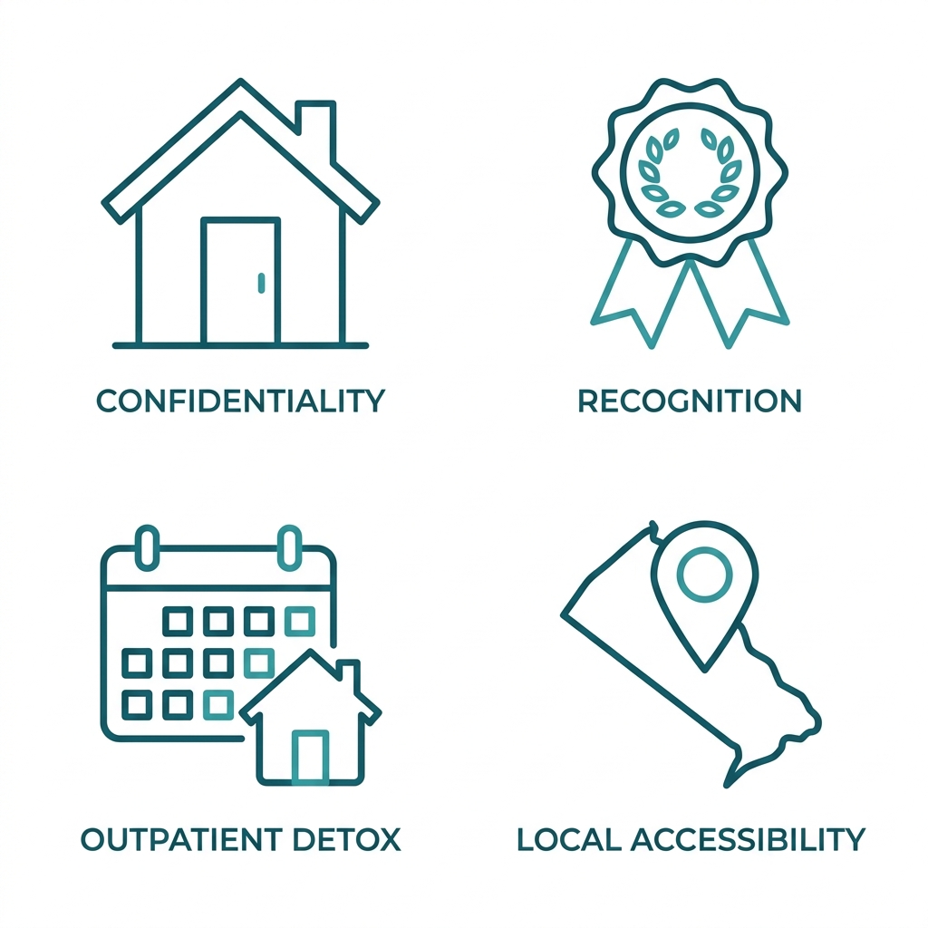 Set of four icons representing the local benefits of choosing Rosewood Recovery in Newtown: confidentiality, Best of Bucks award, outpatient detox that allows family and work routine, and local accessibility in Bucks County, PA. Clean outline style in warm teal on a white background.