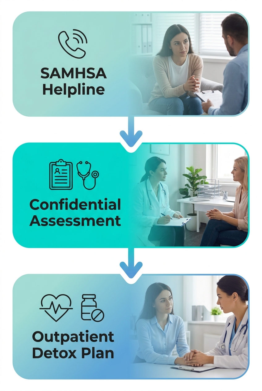 A vertical three-step process flow for beginning alcohol detox: contacting SAMHSA helpline, scheduling a confidential medical assessment at Rosewood Recovery in Newtown, and starting an individualized outpatient detox plan.