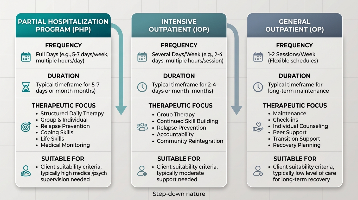 Three-column infographic comparing PHP, IOP, and OP addiction treatment programs with frequency, duration, and therapeutic focus details.