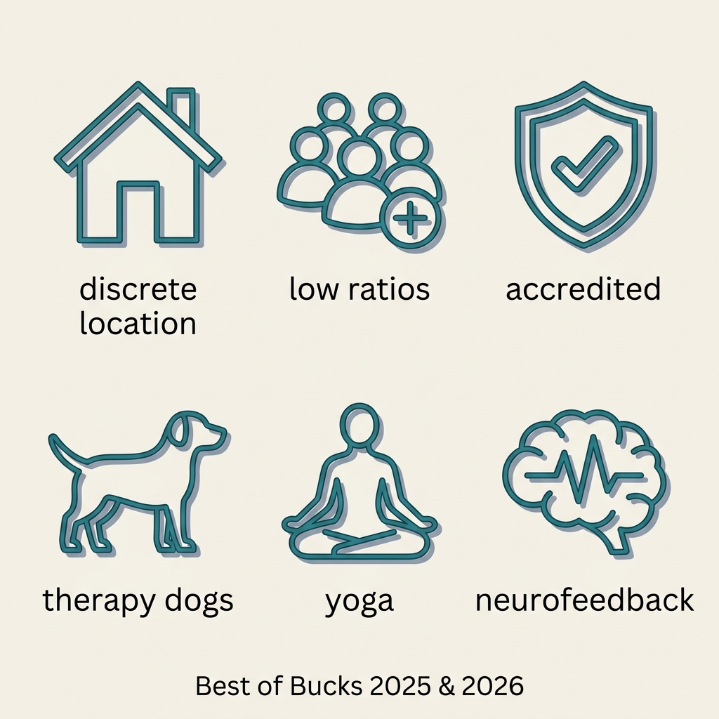 A clean two-row, three-column grid of six outlined icons with teal strokes and slate-gray shadows, each labeled with a lowercase sans-serif word representing local depression treatment benefits, on a warm off-white background.