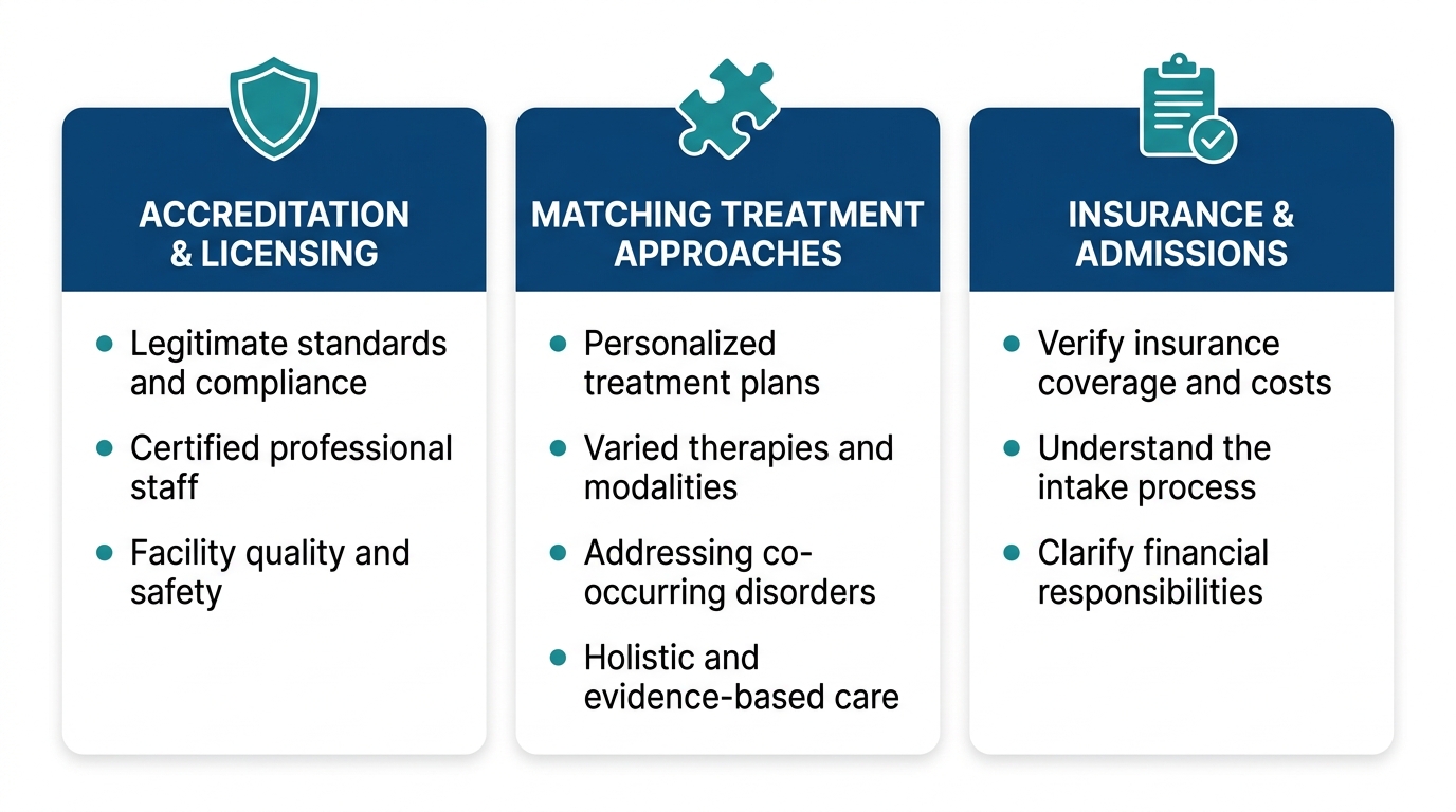 Three-column infographic comparing accreditation, treatment approaches, and insurance considerations for selecting a rehab facility.
