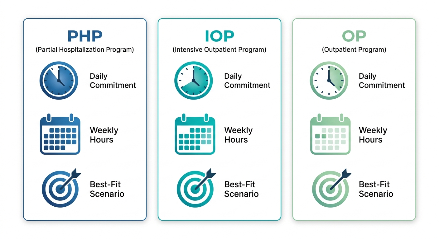 Professional infographic comparing three outpatient addiction treatment levels: PHP, IOP, and OP, with icons for time commitment, therapy hours, and best-use scenarios, featuring DDAP and Joint Commission accreditation seals.