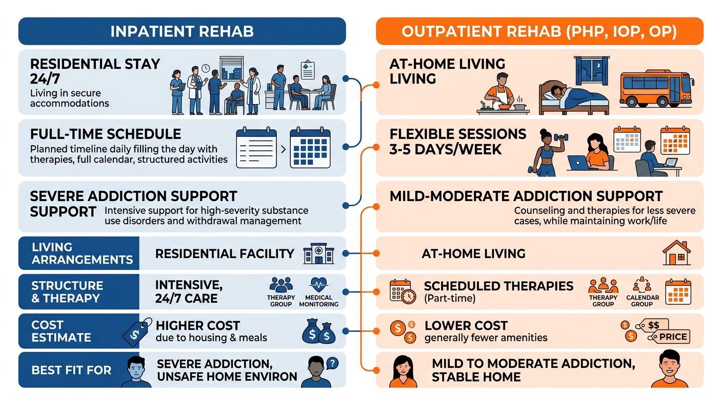 Side-by-side comparison infographic showing inpatient versus outpatient drug rehab options, comparing living arrangements, structure, cost levels, and best suitability for addiction severity near Doylestown, PA.