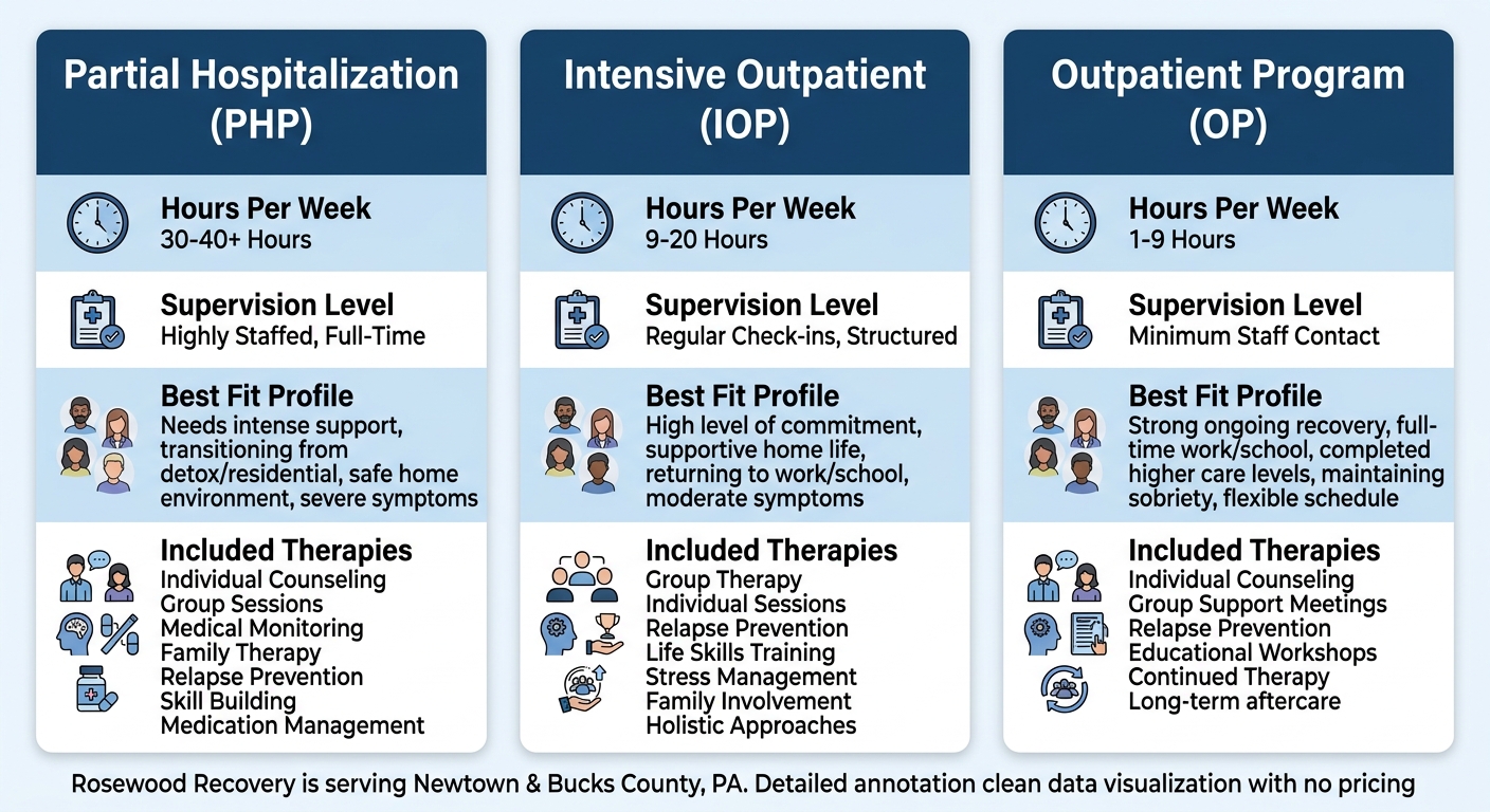 Three-column comparison infographic for alcohol treatment program levels