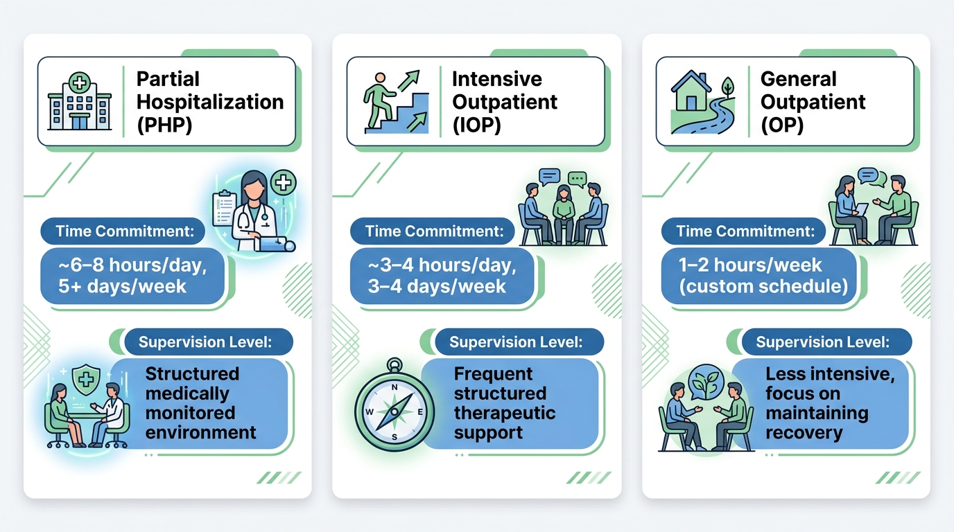 Infographic comparing alcohol abuse treatment levels: PHP, IOP, and Outpatient, with time commitments and supervision levels.