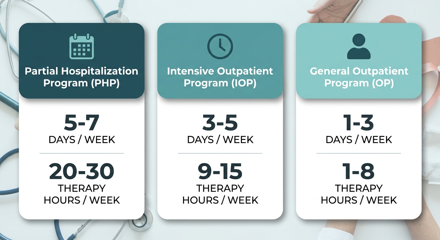 An infographic comparing three levels of addiction treatment at Rosewood Recovery: Partial Hospitalization, Intensive Outpatient, and General Outpatient programs, each displayed on distinct color-coded cards with relevant care icons.