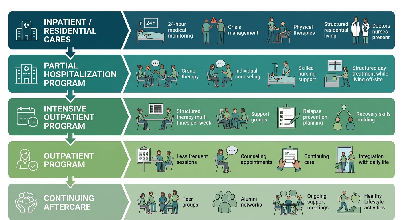 Vertical process-flow diagram illustrating the continuum of care in addiction treatment, from inpatient to aftercare, using a teal to sage green gradient.