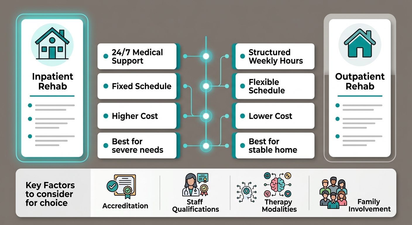 Infographic comparing inpatient versus outpatient drug rehab program features in Bucks County, including support levels, schedules, costs, and key factors to consider when choosing a program.
