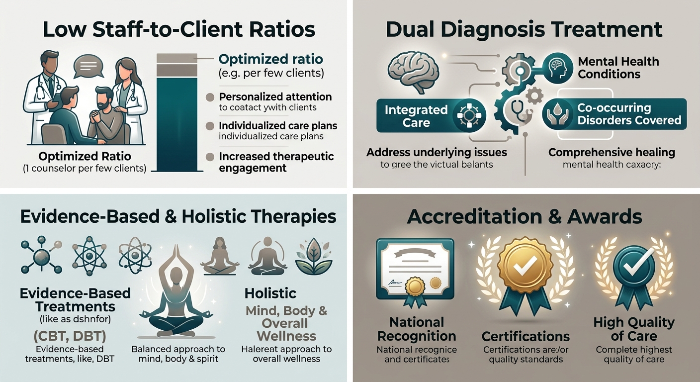 Infographic comparing four key benefits of Rosewood Recovery: Low Staff-to-Client Ratios, Dual Diagnosis Treatment, Evidence-Based & Holistic Therapies, and Accreditation & Awards.