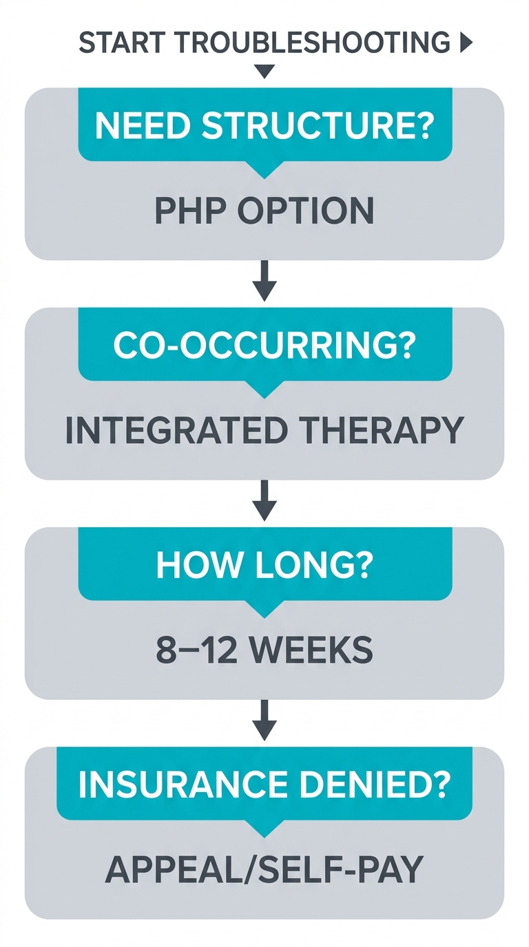 Vertical process flow diagram for troubleshooting outpatient drug therapy concerns with four decision blocks addressing structure needs, co-occurring conditions, duration, and insurance options
