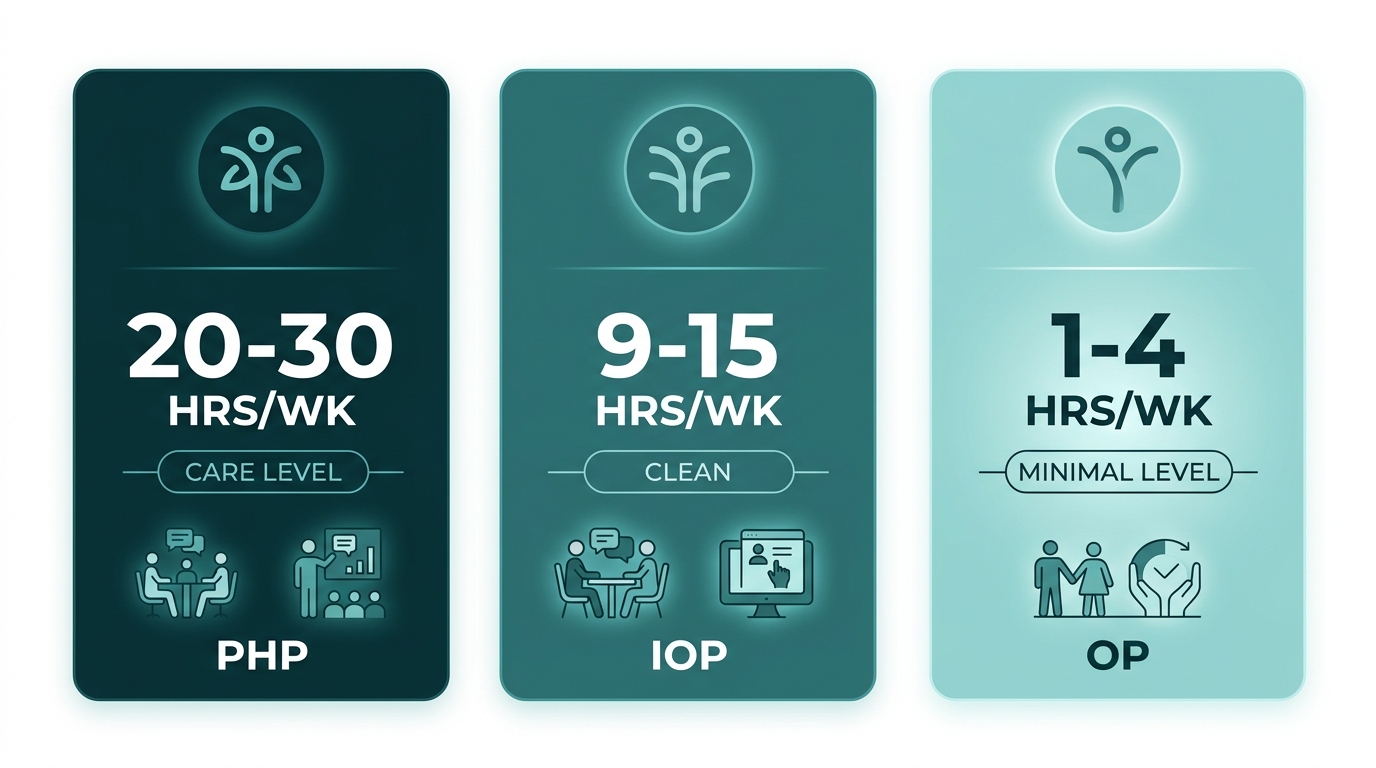 Infographic comparing three levels of outpatient care: PHP, IOP, and OP, with weekly hours and a dark-to-light teal gradient.