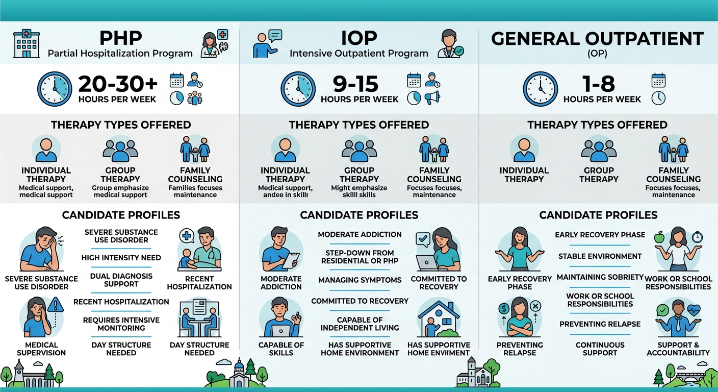 Infographic comparing three addiction treatment levels: Partial Hospitalization Program, Intensive Outpatient Program, and General Outpatient in Bucks County, PA.