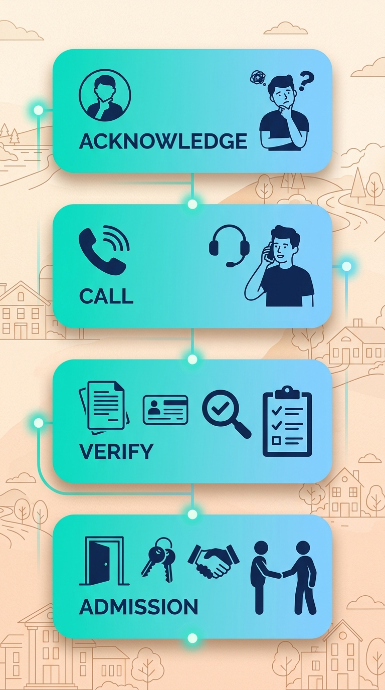 Four-step process flow for starting addiction treatment: Acknowledge need, confidential call, insurance verification, and admission consultation.
