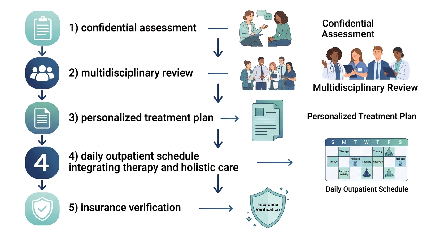 Five-step vertical flow diagram of the drug abuse counseling process at Rosewood Recovery, from confidential assessment to insurance verification