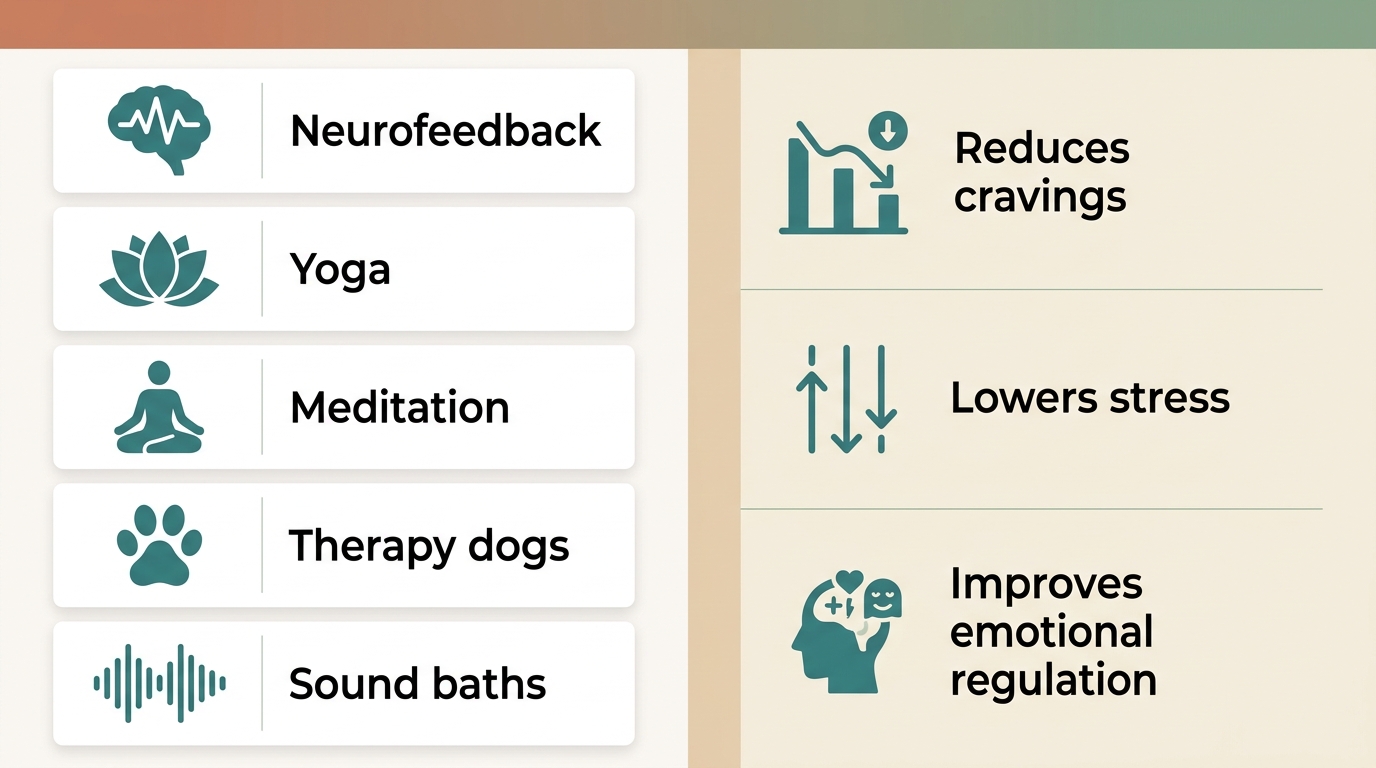 An infographic showing icons for holistic addiction therapies like neurofeedback, yoga, and meditation, connected to their recovery benefits of reducing cravings and lowering stress, in a warm, earthy color palette.