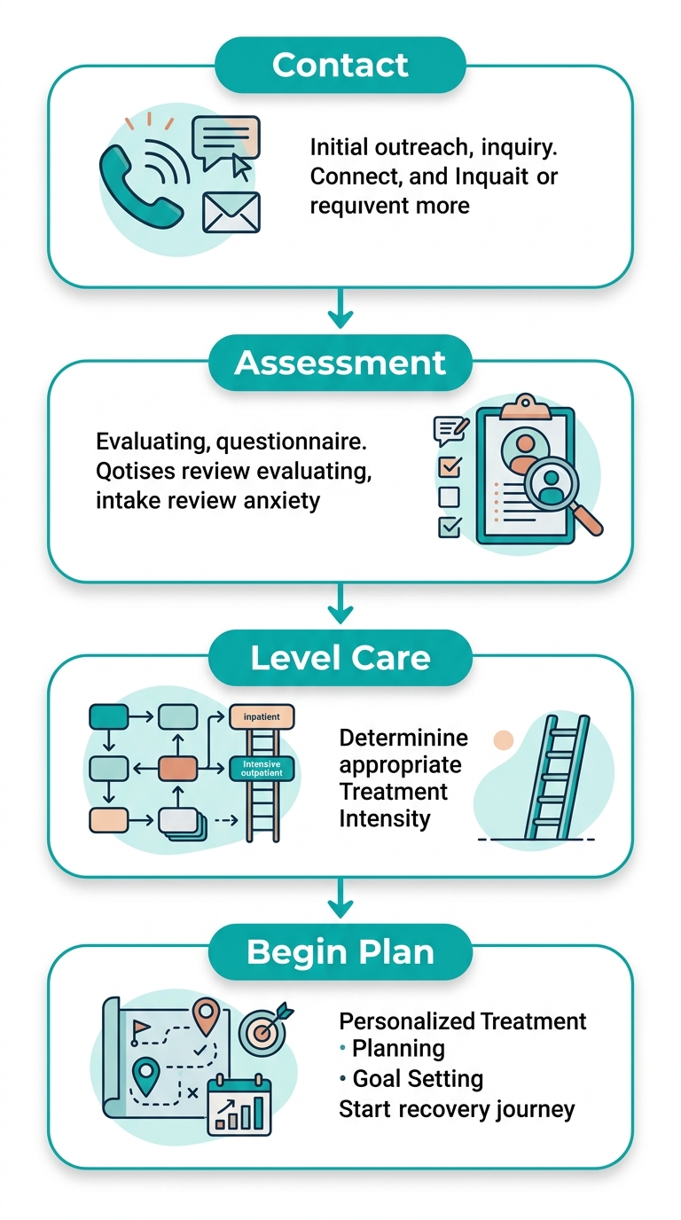 Four-step vertical process flow showing the intake and assessment journey for addiction recovery at Rosewood Recovery in Levittown.