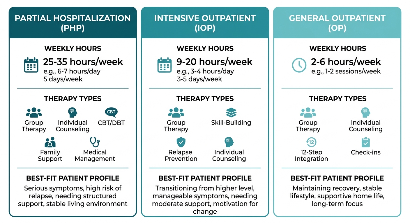 Color-coded infographic comparing addiction treatment programs by intensity, hours, and therapies at Rosewood Recovery.