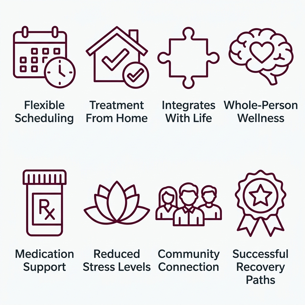 Set of 8 icons symbolizing outpatient drug abuse program benefits: flexibility, real-world application, comprehensive therapy, co-occurring care, medication support, holistic approach, low ratio, and accreditation.