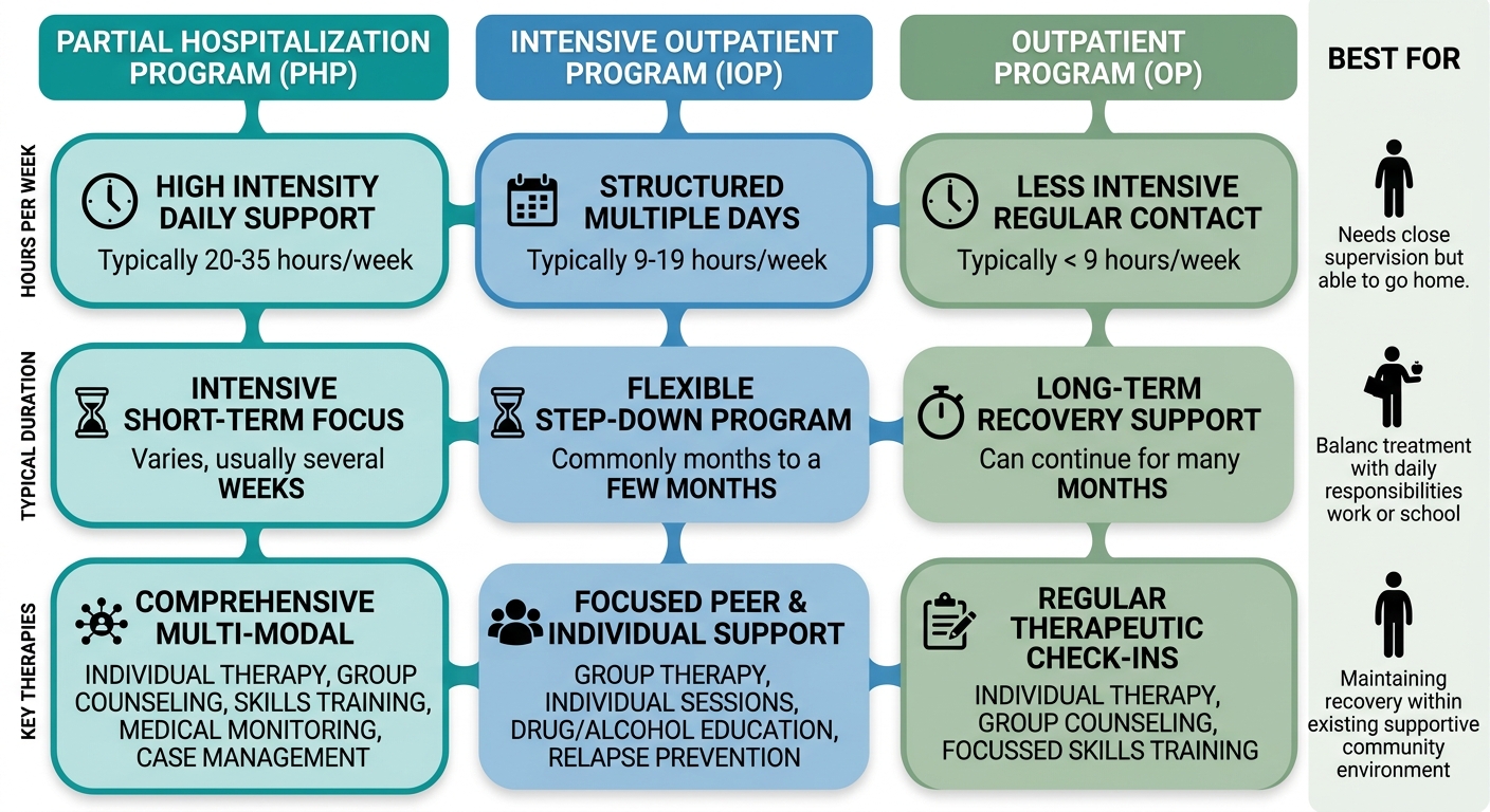 Visual comparison showing three outpatient alcohol treatment program levels: PHP, IOP, and OP, arranged side by side with their key features and ideal client profiles.
